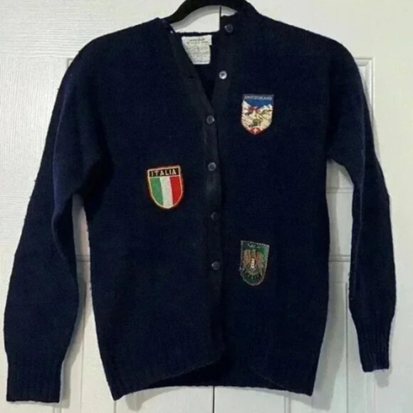 Rare VTG Shetland Wool Cardigan World Patches Navy Size Small Tweed & Tartan - Picture 1 of 6